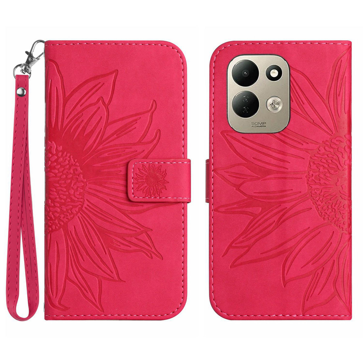 Xiaomi Redmi 17 5G / Xiaomi Redmi 17 4G-skal Sunflower Imprint läderplånbok för mobil med handledsrem