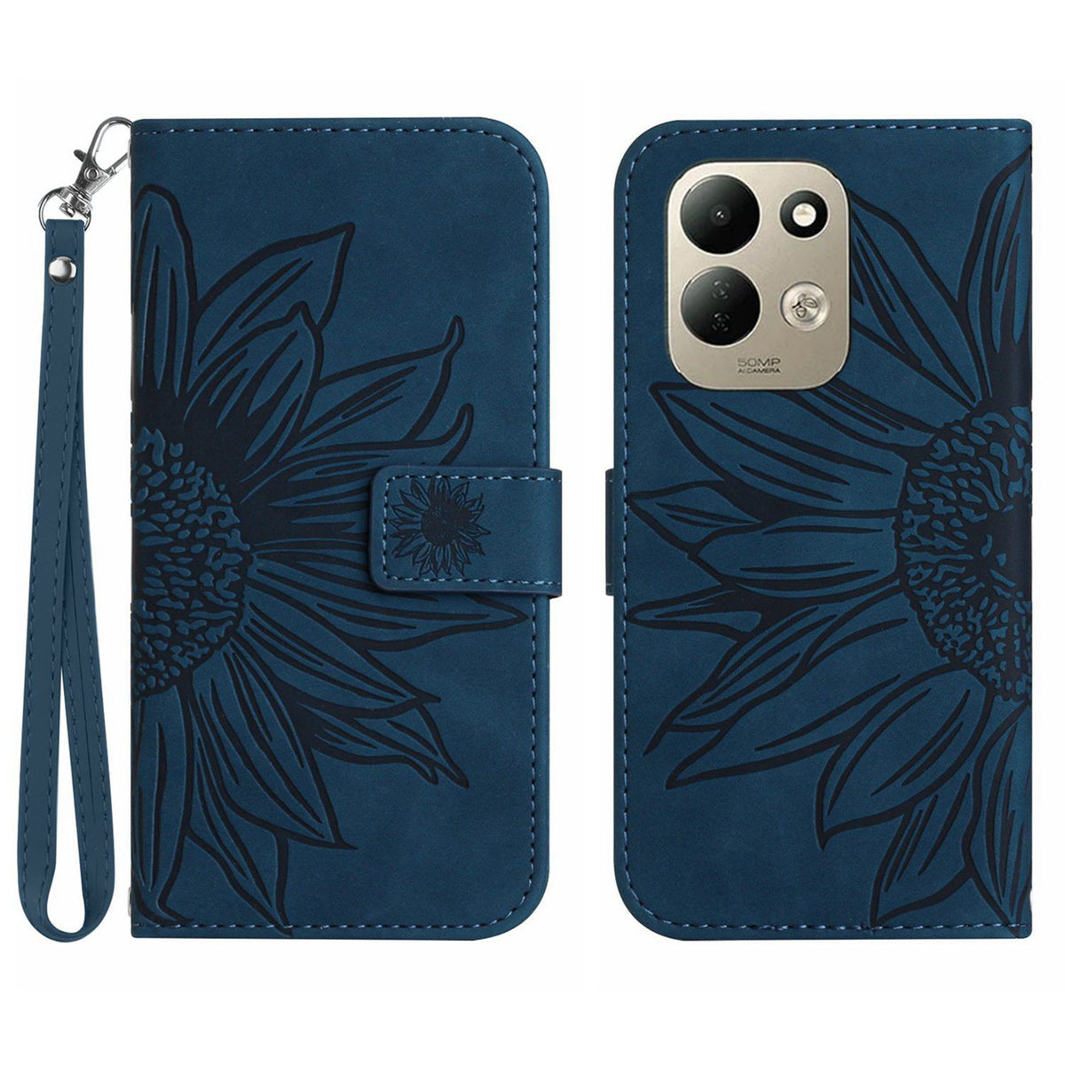 Xiaomi Redmi 17 5G / Xiaomi Redmi 17 4G-skal Sunflower Imprint läderplånbok för mobil med handledsrem
