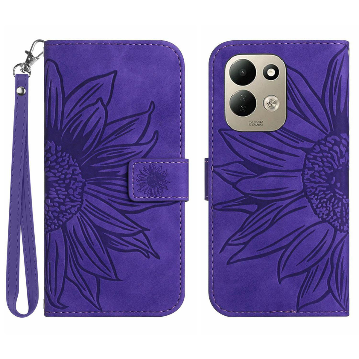 Xiaomi Redmi 17 5G / Xiaomi Redmi 17 4G-skal Sunflower Imprint läderplånbok för mobil med handledsrem