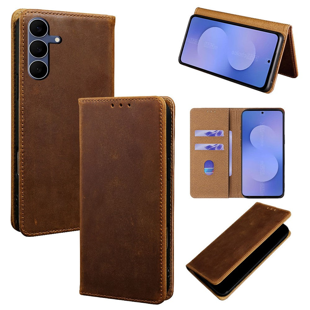 For Samsung Galaxy S25 FE Case Crazy Horse Texture Genuine Cow Leather RFID Blocking Wallet Phone Cover