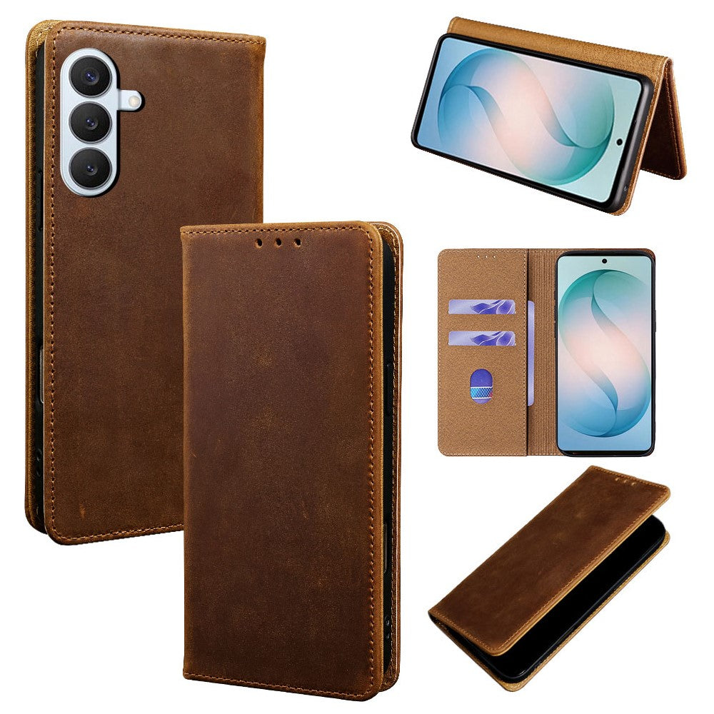 Samsung Galaxy S26+ skal Crazy Horse textur äkta koläder RFID-blockerande plånboksfodral