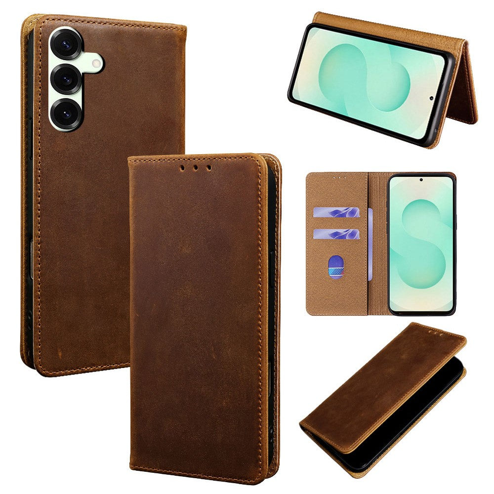 For Samsung Galaxy S25+ Case Crazy Horse Texture Genuine Cow Leather RFID Blocking Wallet Phone Cover