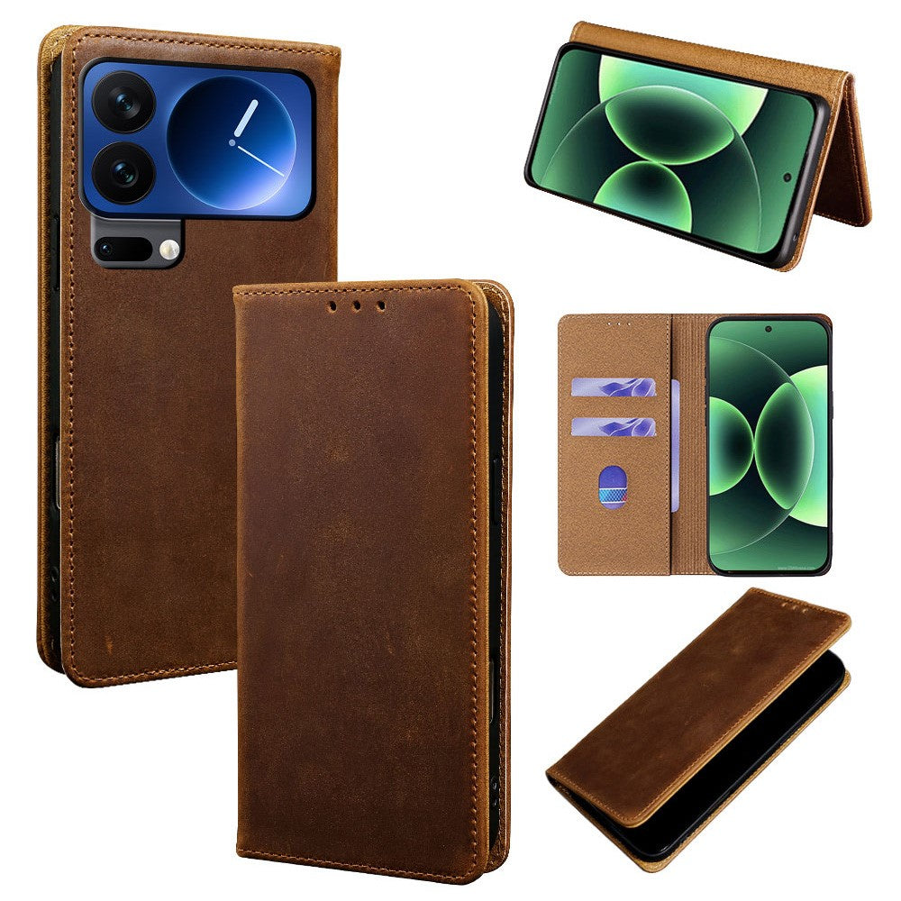 Xiaomi 17 Pro Max-skal Crazy Horse Texture Äkta Koläder RFID-blockerande plånboksfodral