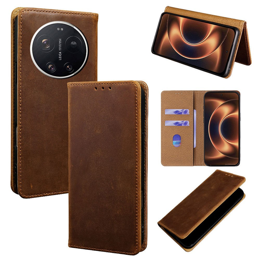 For Xiaomi 17 Ultra 5G Case Crazy Horse Texture Genuine Cow Leather RFID Blocking Wallet Phone Cover