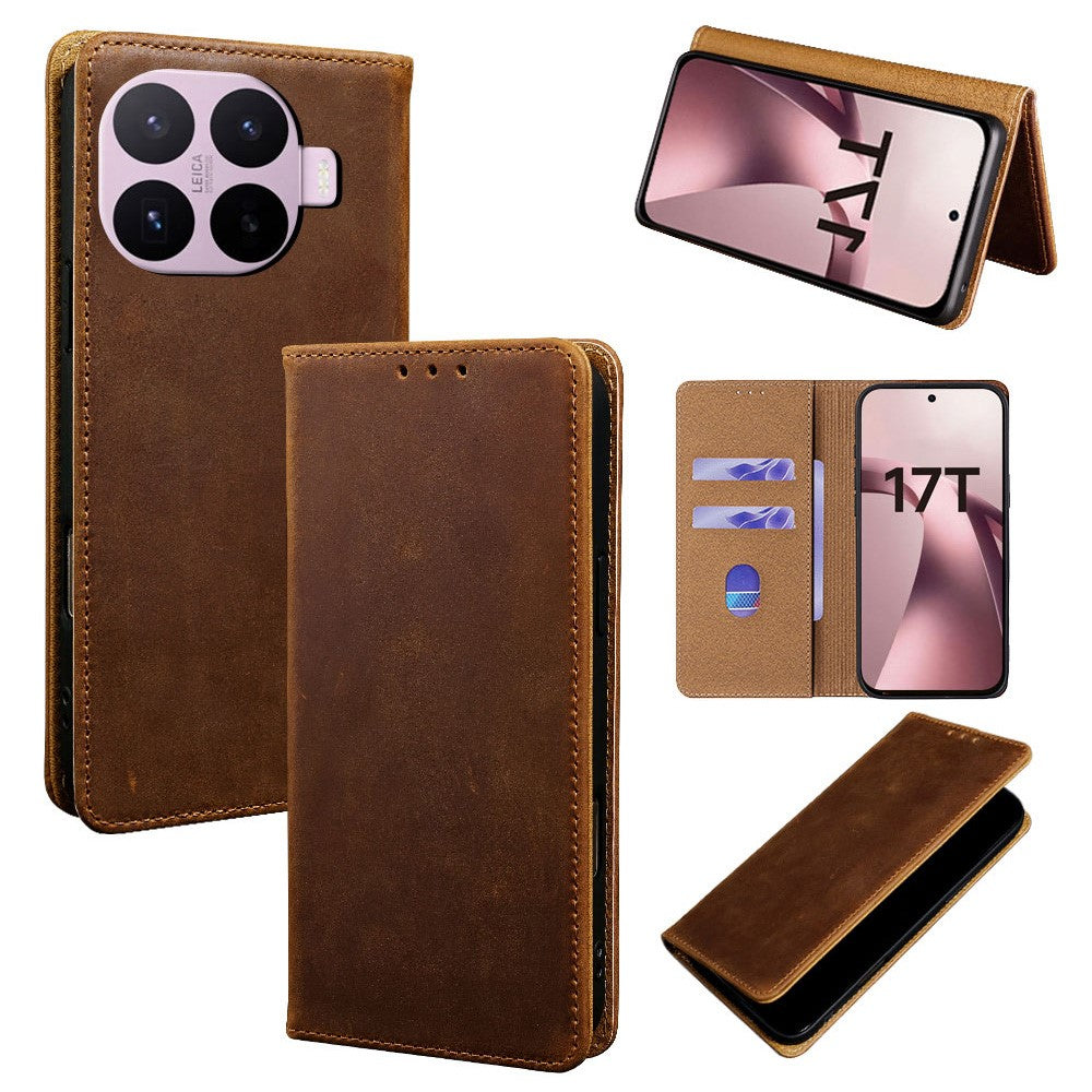 For Xiaomi 17T Case Crazy Horse Texture Genuine Cow Leather RFID Blocking Wallet Phone Cover