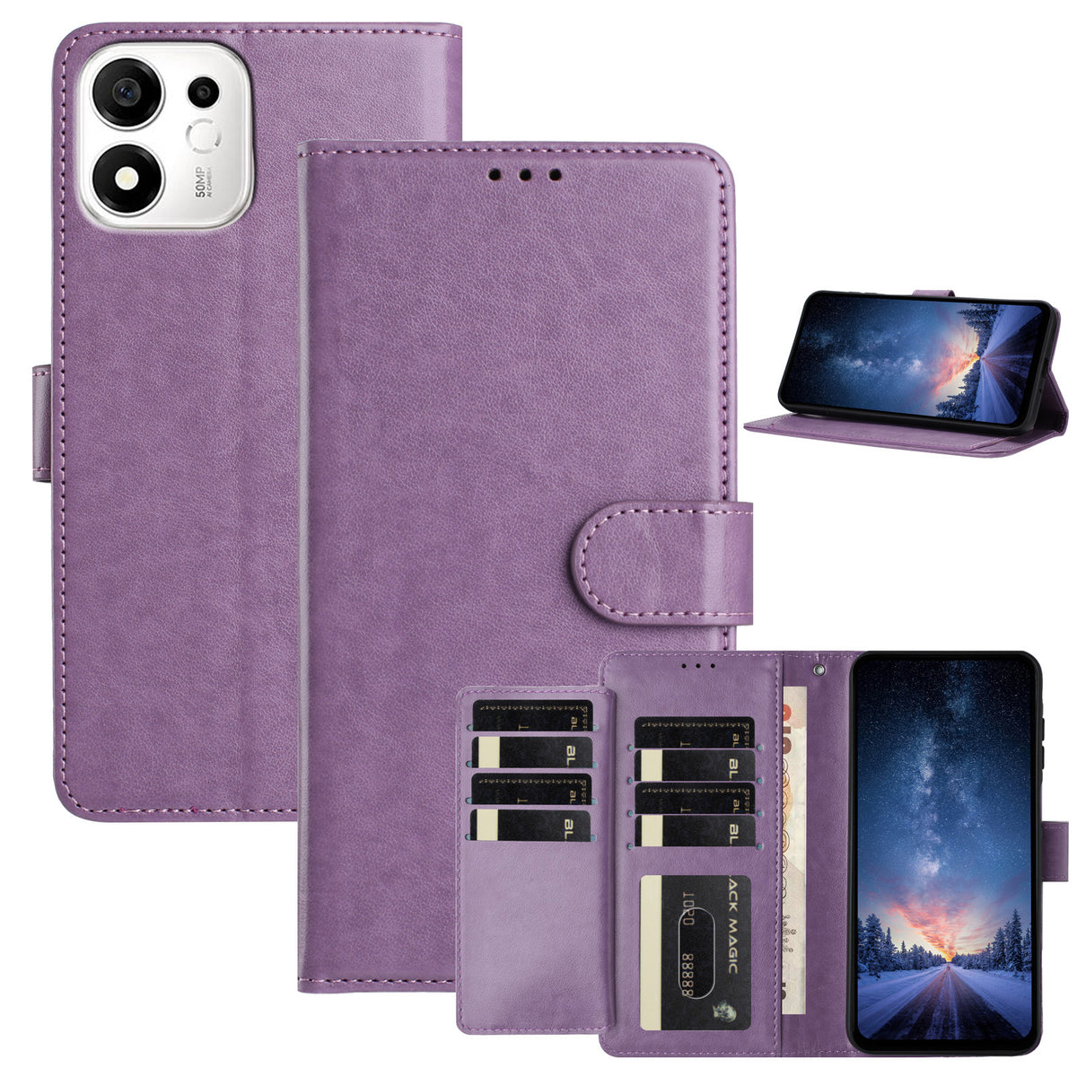 Til Honor X7e Plus 5G / Honor 600 Smart 5G Wallet Telefoncover Stativ PU-læder Folio Flip Cover med 8 kortlommer