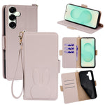 For Samsung Galaxy S25+ Case Cute Bunny Design PU Leather Wallet Phone Cover with Detachable Wrist Strap