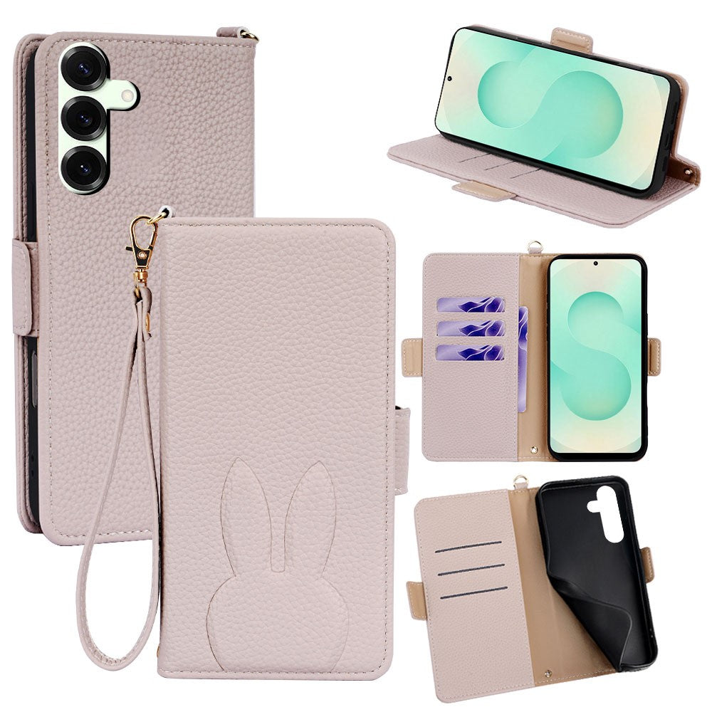 For Samsung Galaxy S25+ Case Cute Bunny Design PU Leather Wallet Phone Cover with Detachable Wrist Strap