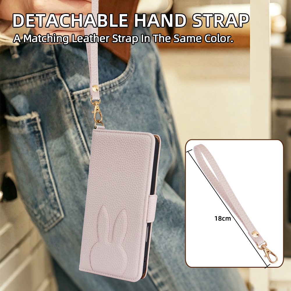 For Samsung Galaxy S25+ Case Cute Bunny Design PU Leather Wallet Phone Cover with Detachable Wrist Strap