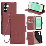 For Samsung Galaxy S25+ Case Cute Bunny Design PU Leather Wallet Phone Cover with Detachable Wrist Strap