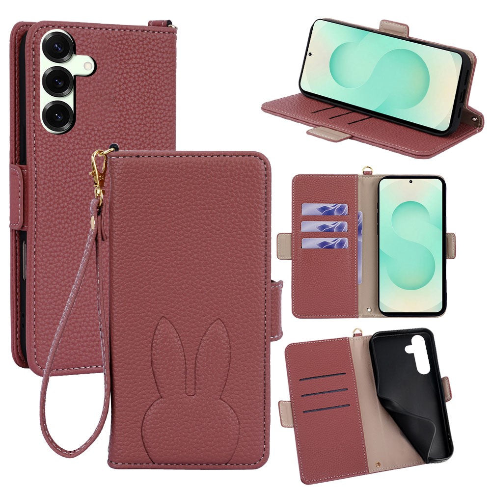 For Samsung Galaxy S25+ Case Cute Bunny Design PU Leather Wallet Phone Cover with Detachable Wrist Strap