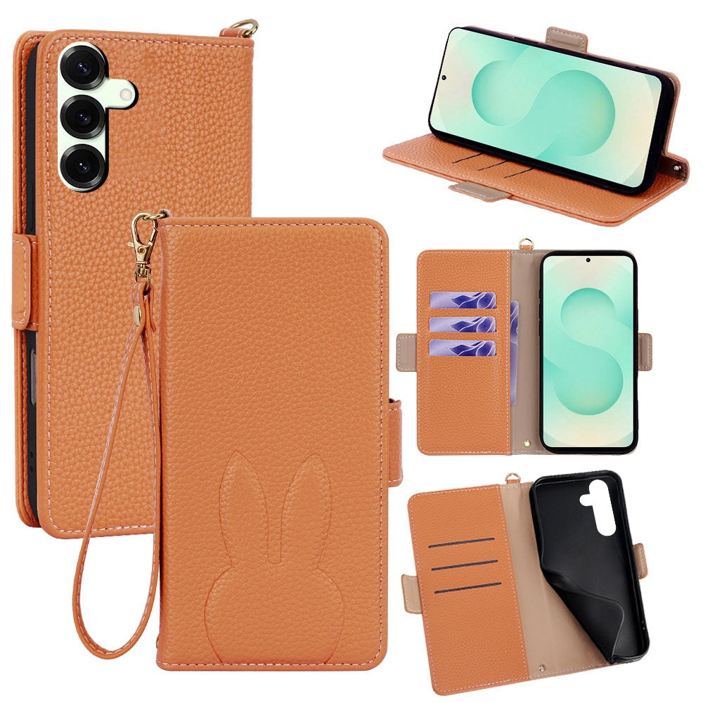 For Samsung Galaxy S25+ Case Cute Bunny Design PU Leather Wallet Phone Cover with Detachable Wrist Strap