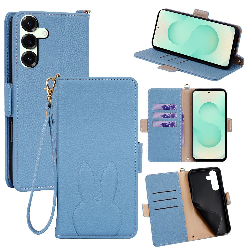 For Samsung Galaxy S25+ Case Cute Bunny Design PU Leather Wallet Phone Cover with Detachable Wrist Strap