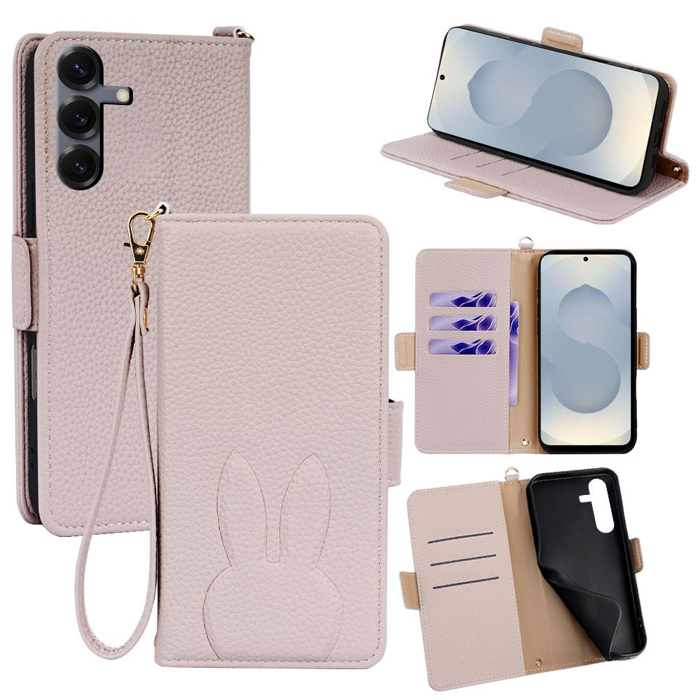 For Samsung Galaxy S25 Wallet Case PU Leather Rabbit Imprinted Phone Cover with Detachable Wrist Strap