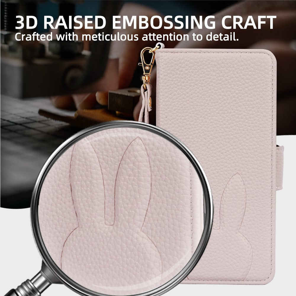 For Samsung Galaxy S25 Wallet Case PU Leather Rabbit Imprinted Phone Cover with Detachable Wrist Strap