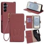 For Samsung Galaxy S25 Wallet Case PU Leather Rabbit Imprinted Phone Cover with Detachable Wrist Strap