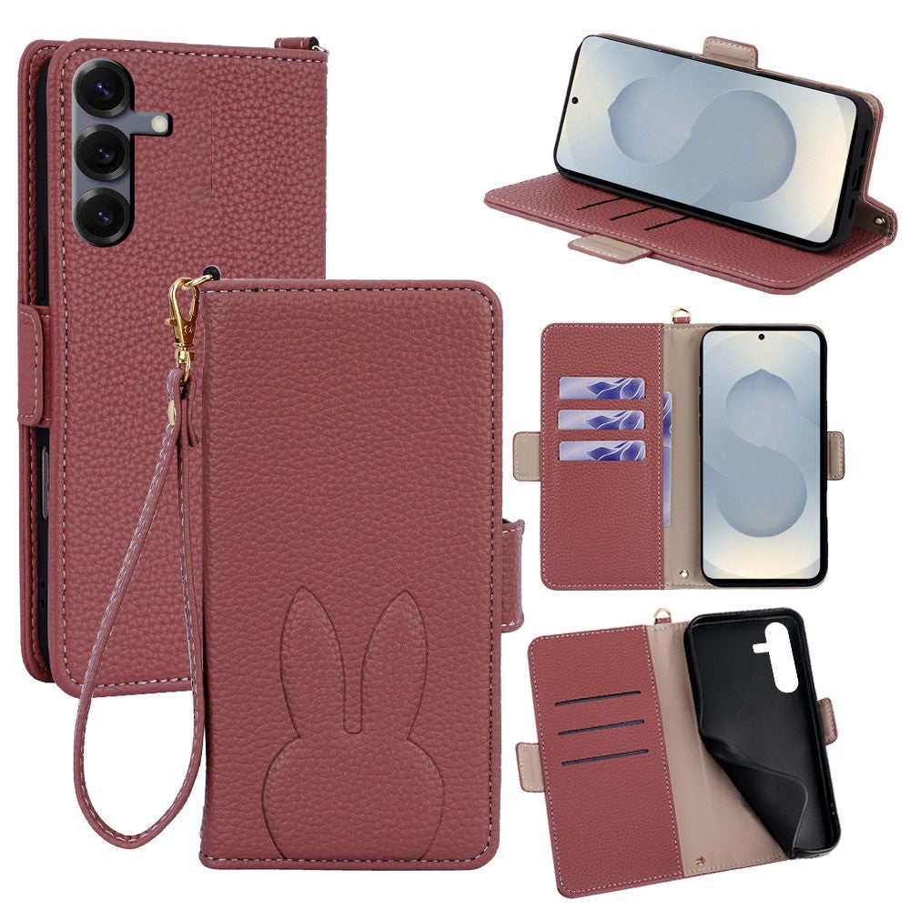 For Samsung Galaxy S25 Wallet Case PU Leather Rabbit Imprinted Phone Cover with Detachable Wrist Strap