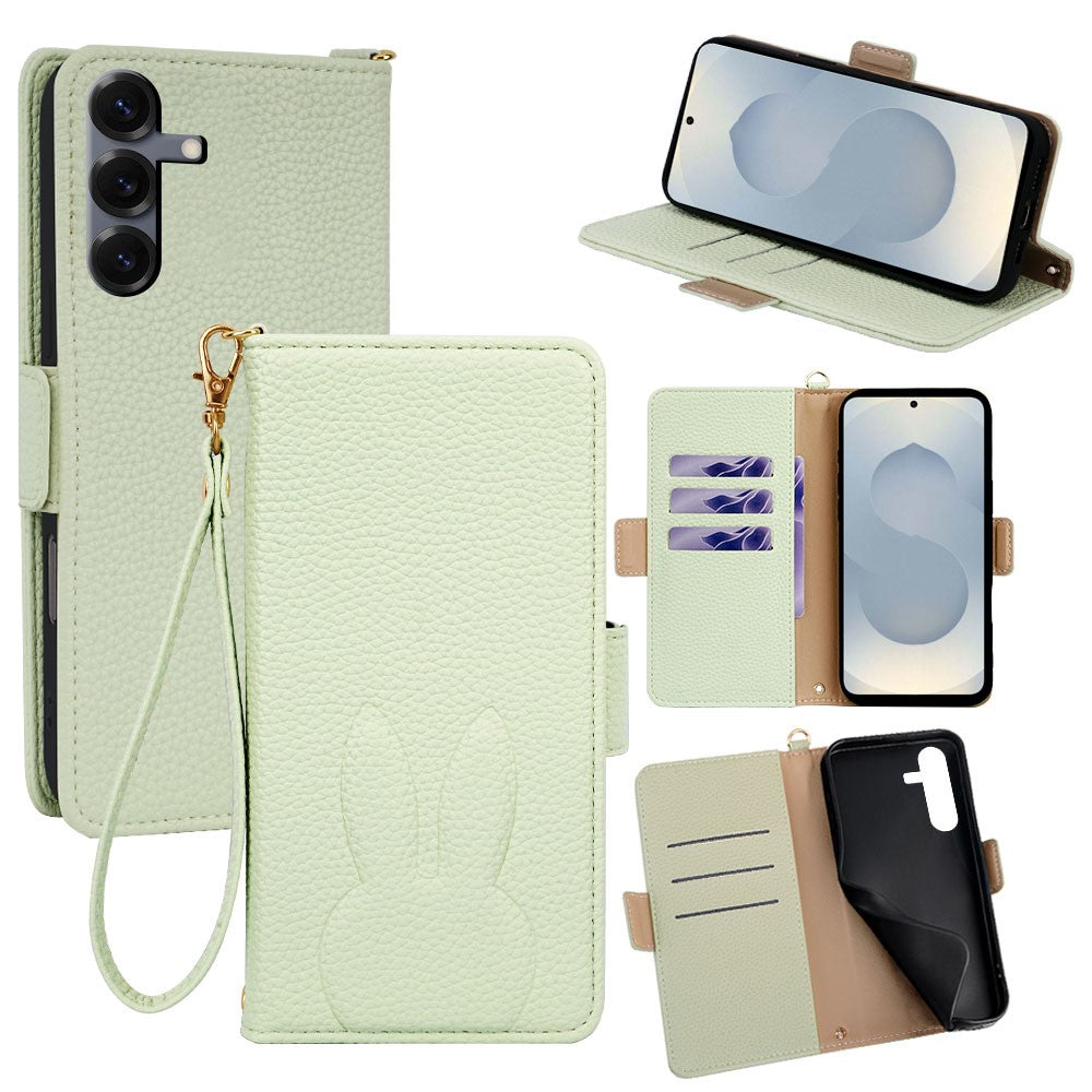 For Samsung Galaxy S25 Wallet Case PU Leather Rabbit Imprinted Phone Cover with Detachable Wrist Strap