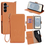 For Samsung Galaxy S25 Wallet Case PU Leather Rabbit Imprinted Phone Cover with Detachable Wrist Strap