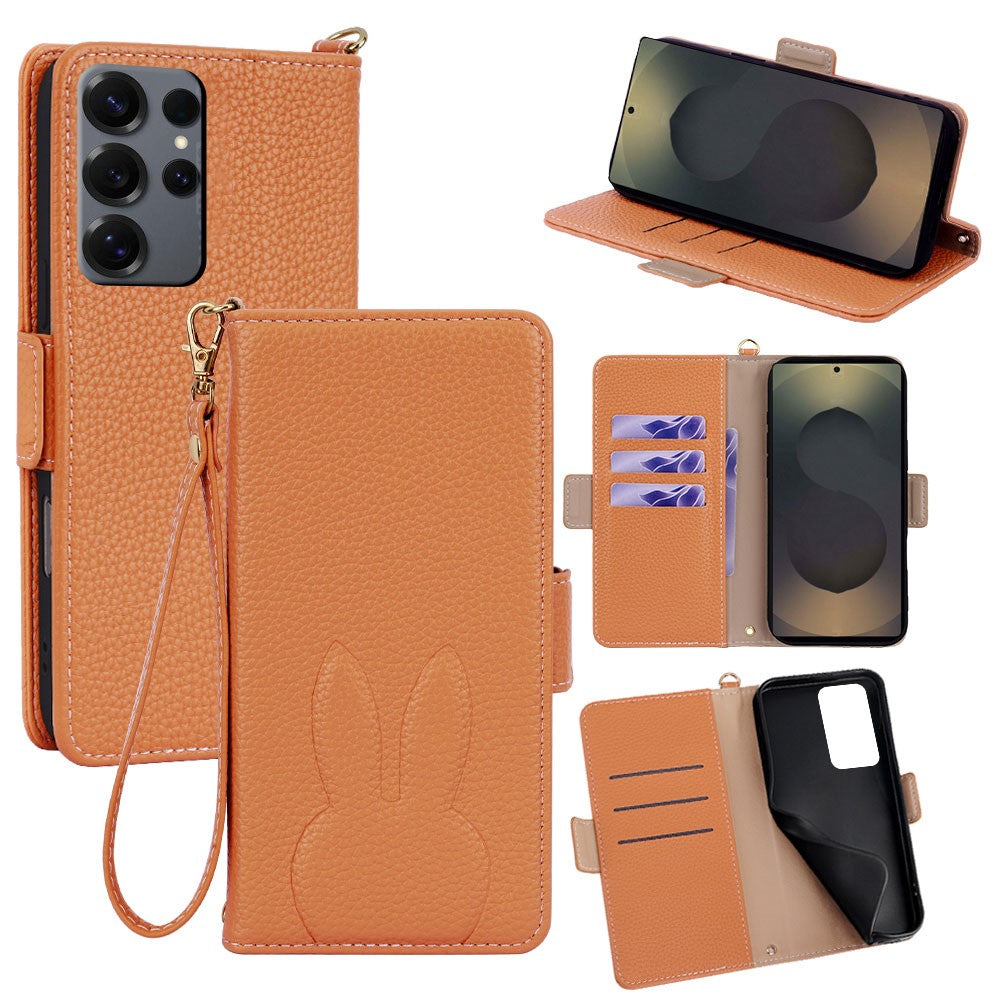 For Samsung Galaxy S25 Ultra Wallet Case PU Leather Rabbit Imprinted Phone Cover with Detachable Wrist Strap