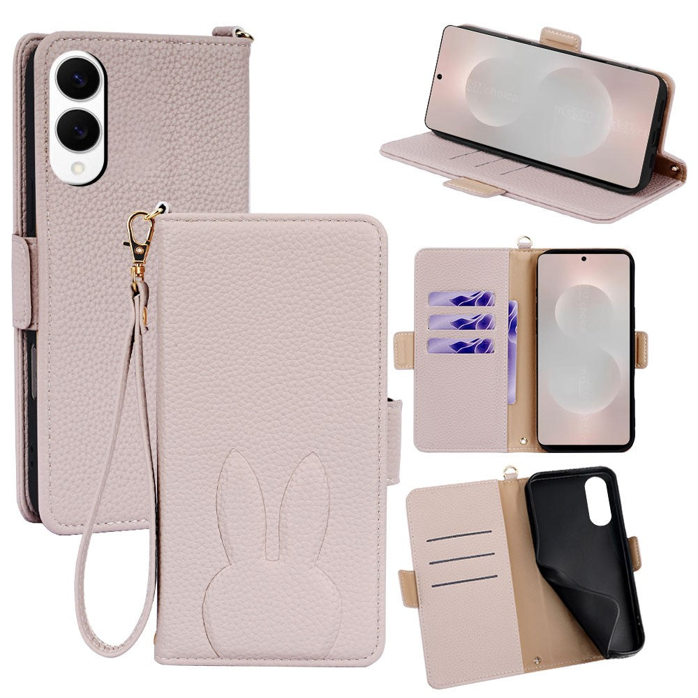 For Samsung Galaxy S25 Edge Wallet Case PU Leather Rabbit Imprinted Phone Cover with Detachable Wrist Strap