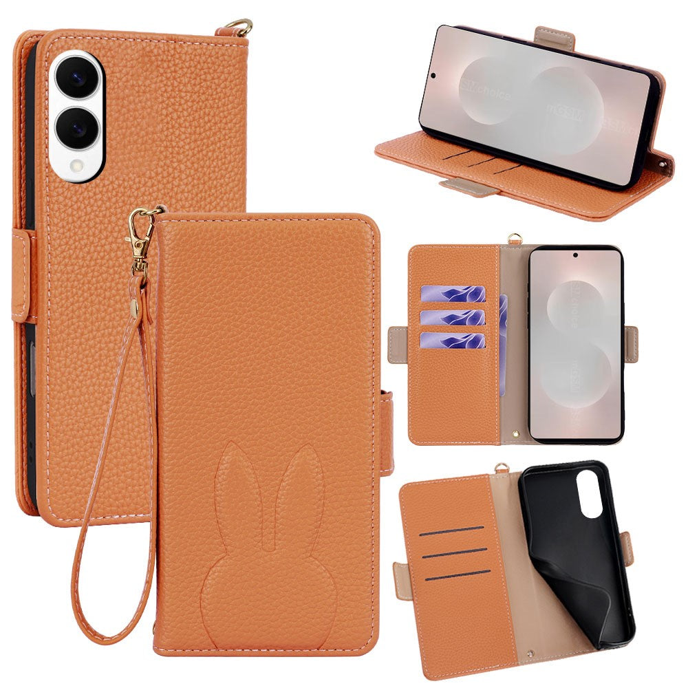 For Samsung Galaxy S25 Edge Wallet Case PU Leather Rabbit Imprinted Phone Cover with Detachable Wrist Strap