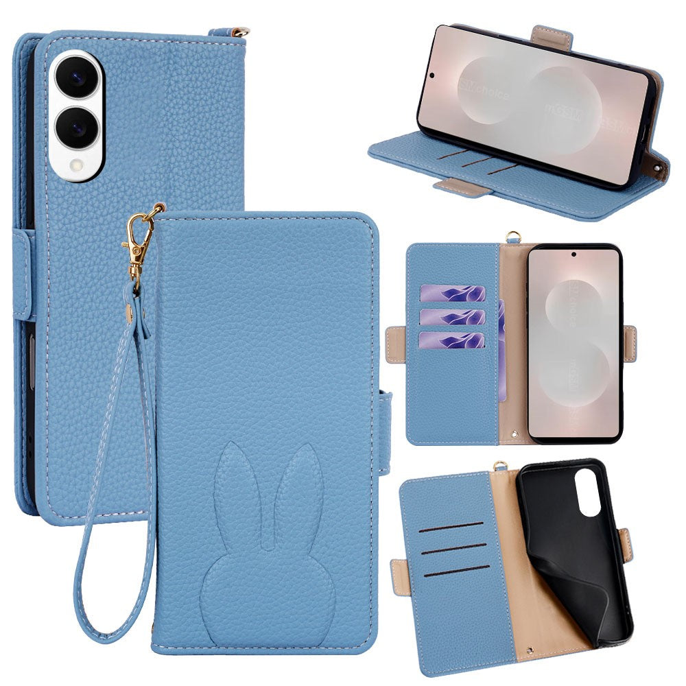 For Samsung Galaxy S25 Edge Wallet Case PU Leather Rabbit Imprinted Phone Cover with Detachable Wrist Strap
