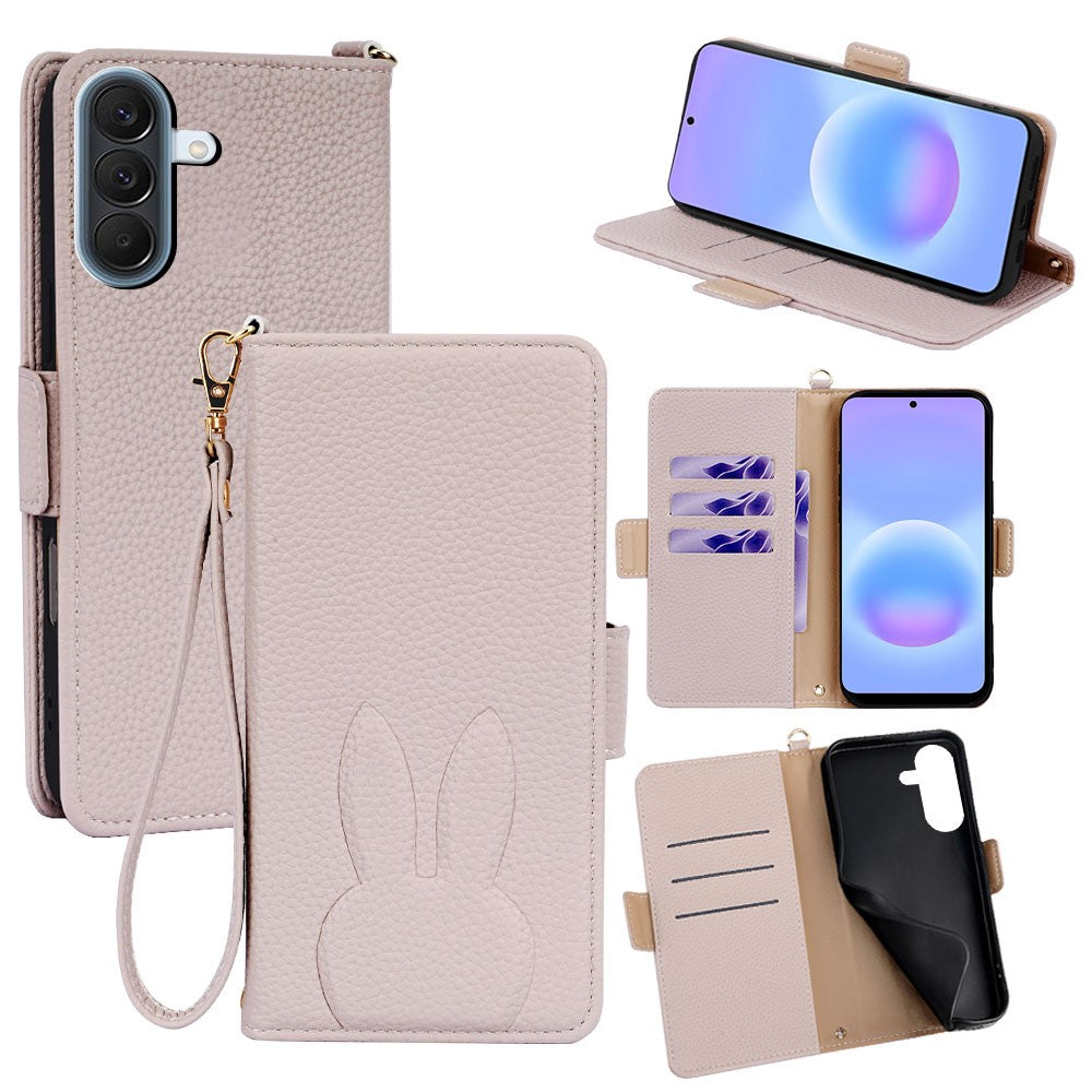 Samsung Galaxy A57 5G Plånboksfodral PU-läder med kanintryck och avtagbar handledsrem
