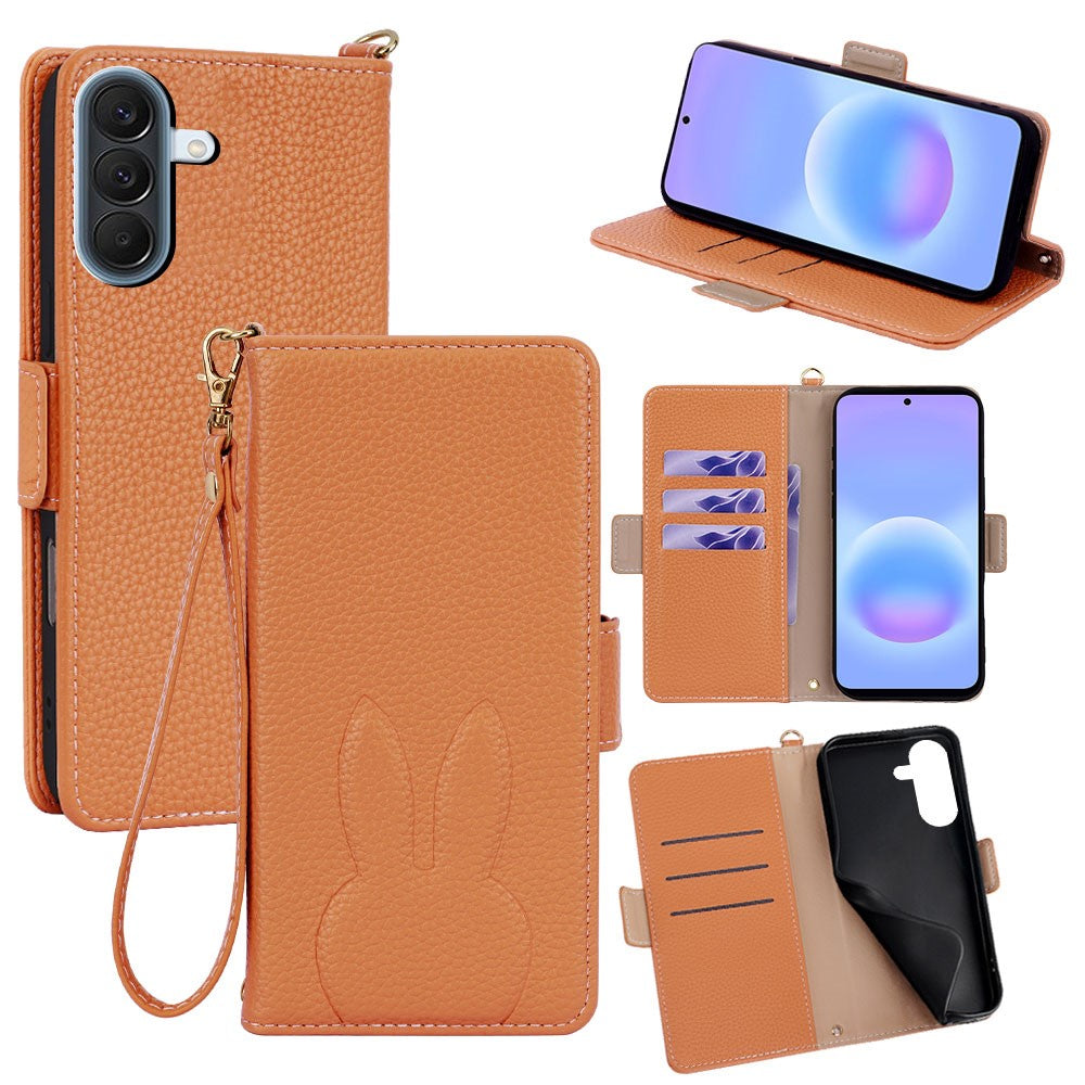 Samsung Galaxy A57 5G Plånboksfodral PU-läder med kanintryck och avtagbar handledsrem