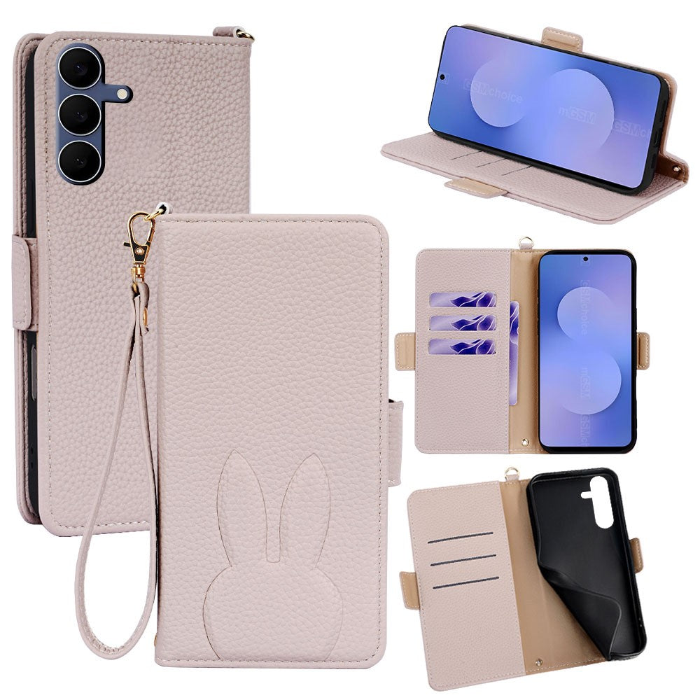 For Samsung Galaxy S25 FE Wallet Case PU Leather Rabbit Imprinted Phone Cover with Detachable Wrist Strap