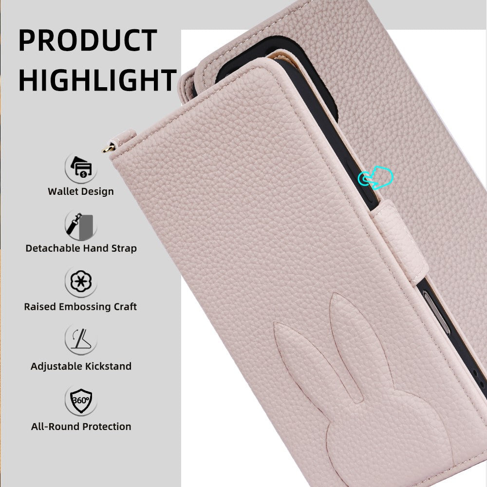 For Samsung Galaxy S25 FE Wallet Case PU Leather Rabbit Imprinted Phone Cover with Detachable Wrist Strap