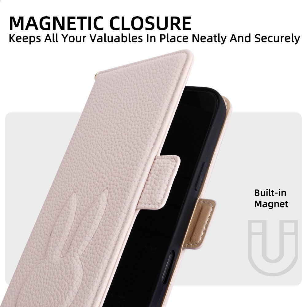 For Samsung Galaxy S25 FE Wallet Case PU Leather Rabbit Imprinted Phone Cover with Detachable Wrist Strap
