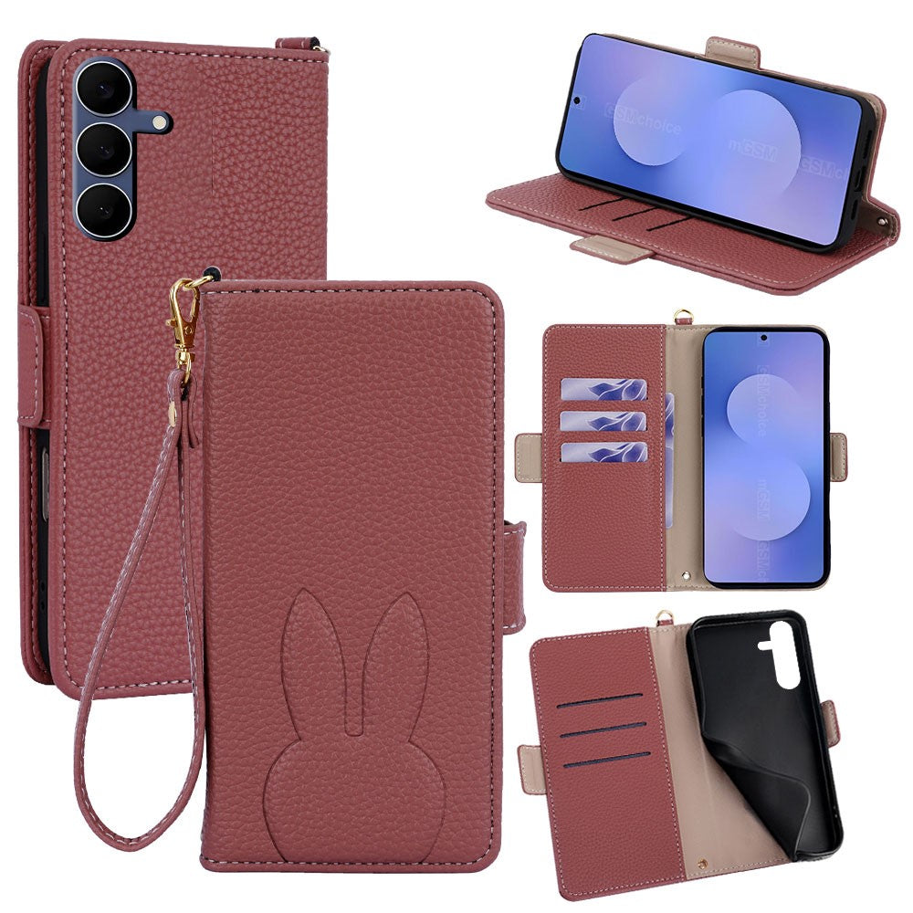 Samsung Galaxy S25 FE Plånboksfodral PU-läder med kanintryck och avtagbar handledsrem