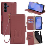 For Samsung Galaxy S25 FE Wallet Case PU Leather Rabbit Imprinted Phone Cover with Detachable Wrist Strap