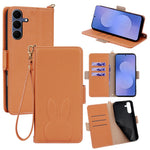 For Samsung Galaxy S25 FE Wallet Case PU Leather Rabbit Imprinted Phone Cover with Detachable Wrist Strap