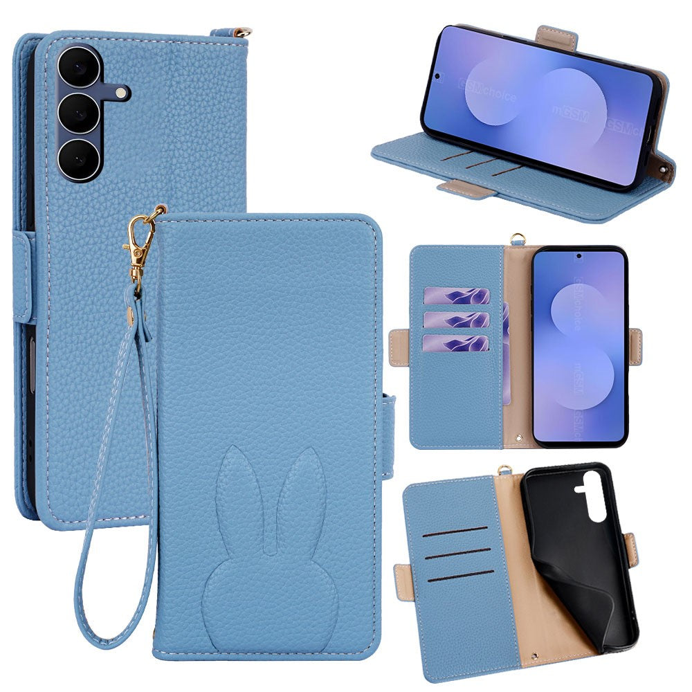 For Samsung Galaxy S25 FE Wallet Case PU Leather Rabbit Imprinted Phone Cover with Detachable Wrist Strap