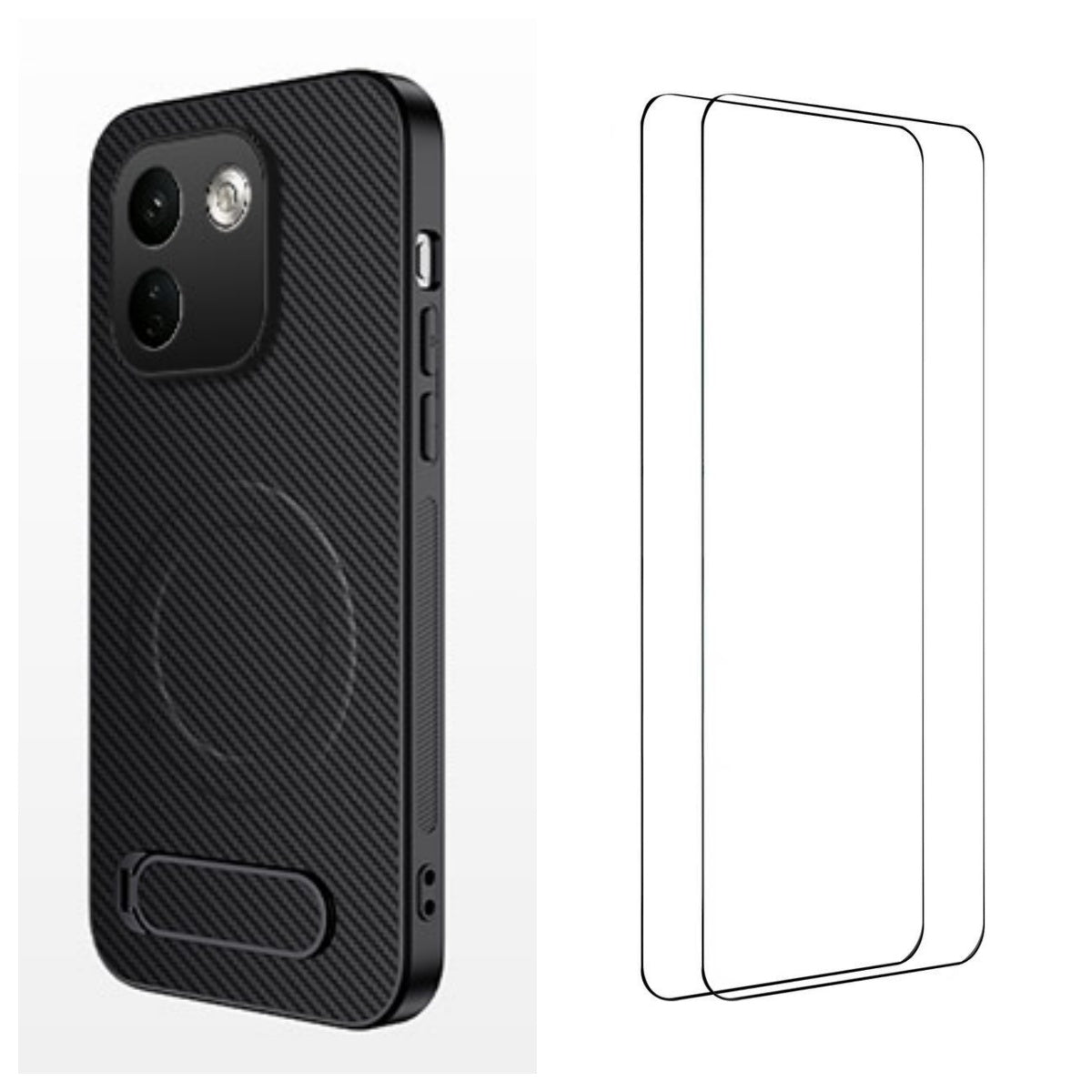 WANLONFENG för Xiaomi Redmi Note 17 Pro Max 5G / Xiaomi Redmi Note 17 Pro+ 5G QT1-serien magnetiskt skal med 2 st. härdat glasfilmer stativ kolfiberstruktur PC TPU mobilskal
