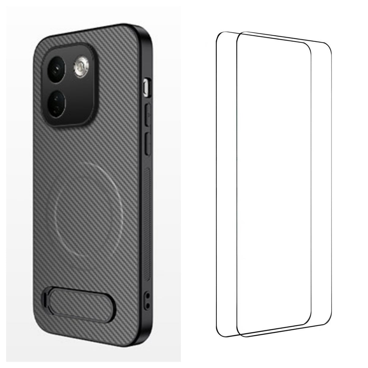 WANLONFENG för Xiaomi Redmi Note 17 Pro Max 5G / Xiaomi Redmi Note 17 Pro+ 5G QT1-serien magnetiskt skal med 2 st. härdat glasfilmer stativ kolfiberstruktur PC TPU mobilskal