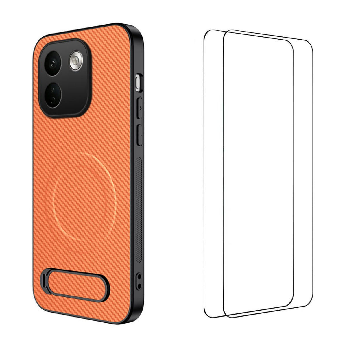 WANLONFENG för Xiaomi Redmi Note 17 Pro Max 5G / Xiaomi Redmi Note 17 Pro+ 5G QT1-serien magnetiskt skal med 2 st. härdat glasfilmer stativ kolfiberstruktur PC TPU mobilskal