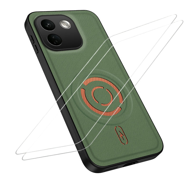 WANLONFENG for Xiaomi Redmi Note 17 Pro Max 5G / Xiaomi Redmi Note 17 Pro+ 5G KJB1 Series Magnetic Case with 2Pcs Tempered Glass Screen Protector Tech Fabric Texture PC+TPU Phone Cover