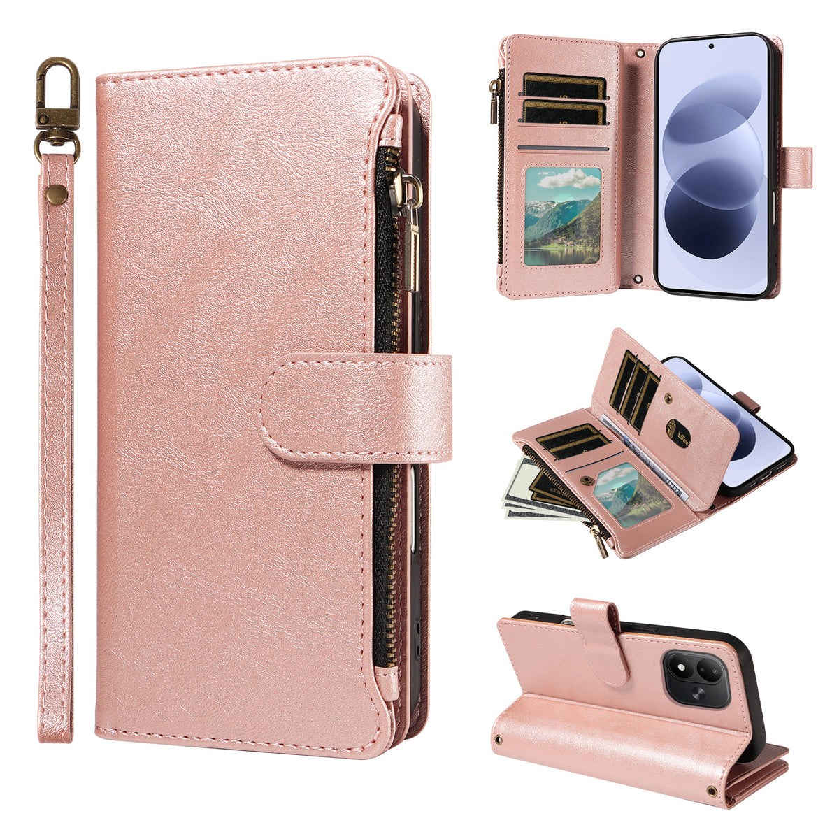 For Xiaomi Redmi Note 17 4G (Global) / Xiaomi Redmi Note 17 (India/China) 5G / Xiaomi Redmi Note 17 5G (Global) Leather Case 9 Card Slots Zipper Pocket Phone Cover with Wrist Strap