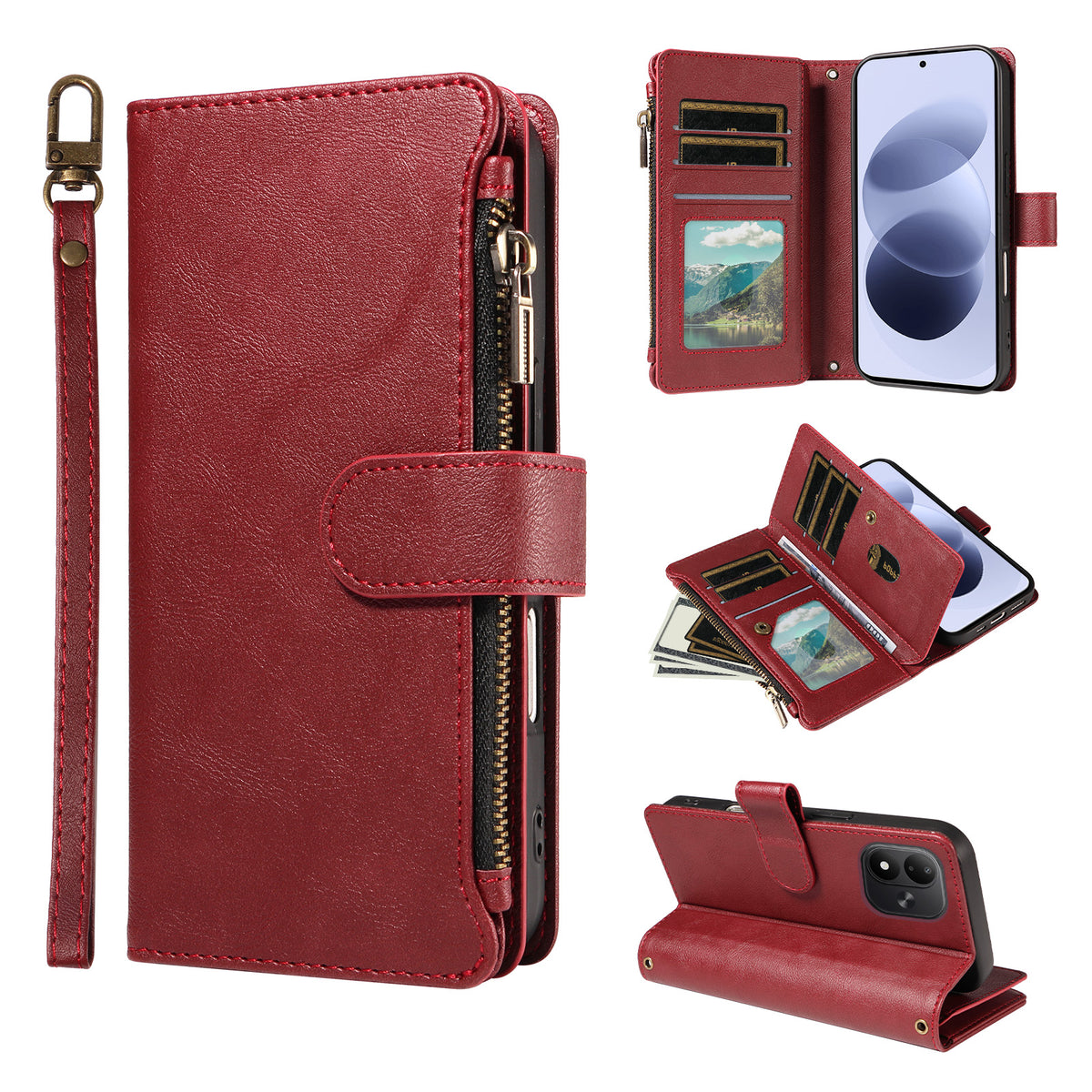 For Xiaomi Redmi Note 17 4G (Global) / Xiaomi Redmi Note 17 (India/China) 5G / Xiaomi Redmi Note 17 5G (Global) Leather Case 9 Card Slots Zipper Pocket Phone Cover with Wrist Strap