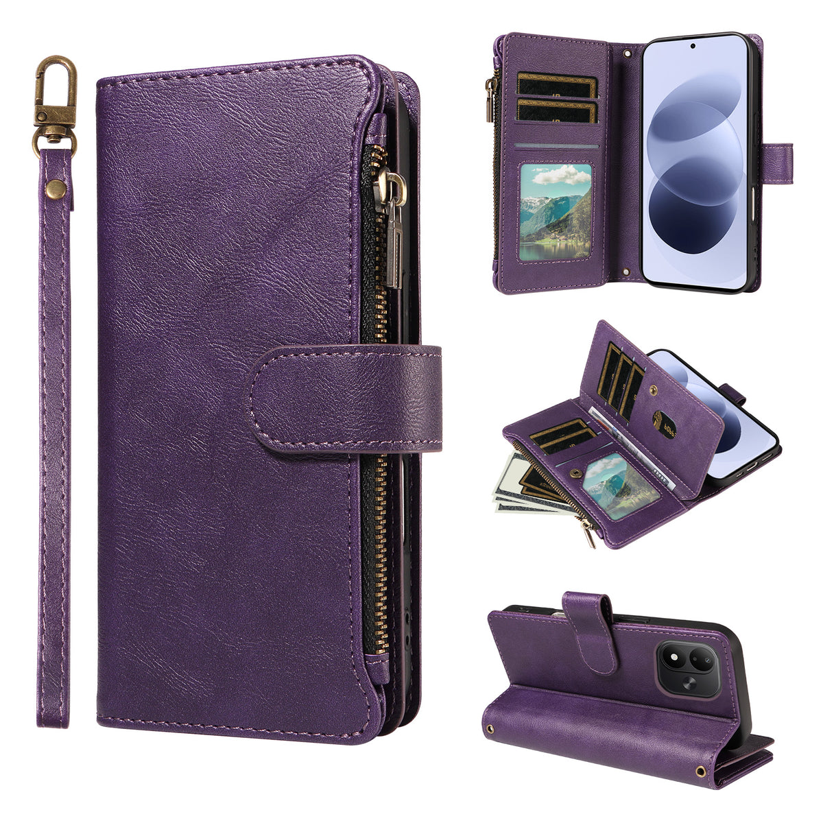 For Xiaomi Redmi Note 17 4G (Global) / Xiaomi Redmi Note 17 (India/China) 5G / Xiaomi Redmi Note 17 5G (Global) Leather Case 9 Card Slots Zipper Pocket Phone Cover with Wrist Strap