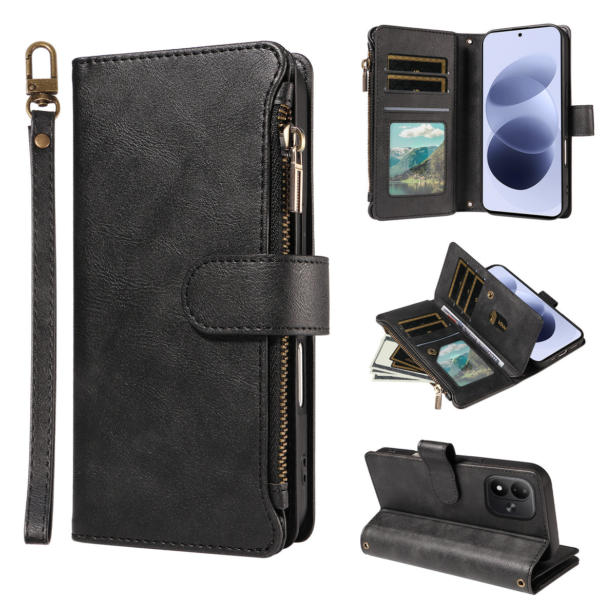For Xiaomi Redmi Note 17 4G (Global) / Xiaomi Redmi Note 17 (India/China) 5G / Xiaomi Redmi Note 17 5G (Global) Leather Case 9 Card Slots Zipper Pocket Phone Cover with Wrist Strap
