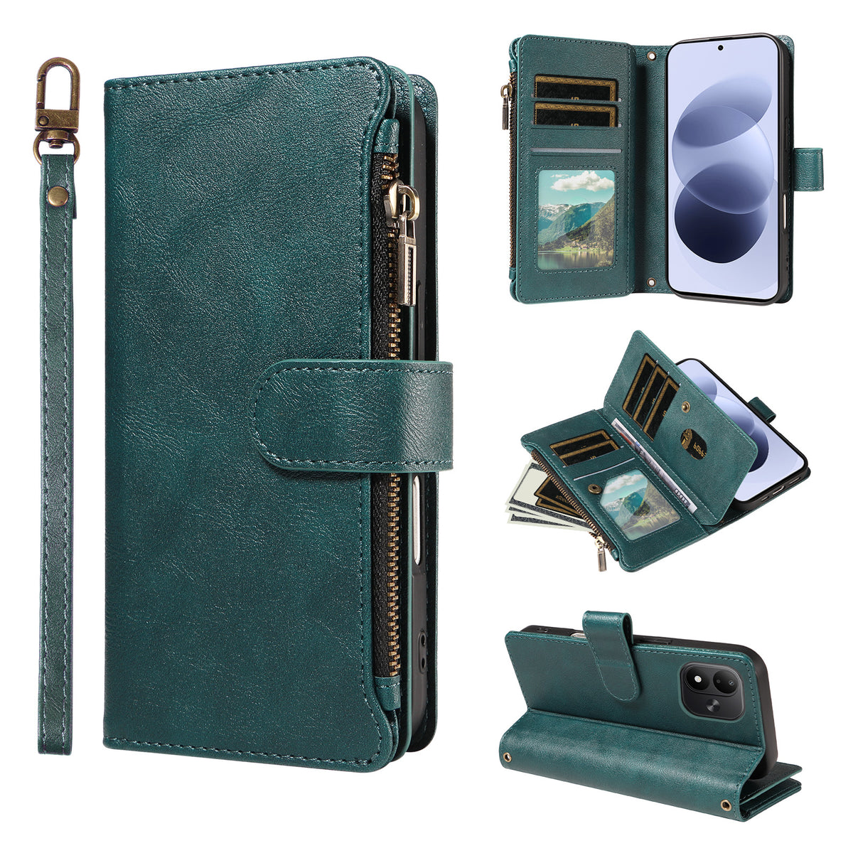 For Xiaomi Redmi Note 17 4G (Global) / Xiaomi Redmi Note 17 (India/China) 5G / Xiaomi Redmi Note 17 5G (Global) Leather Case 9 Card Slots Zipper Pocket Phone Cover with Wrist Strap