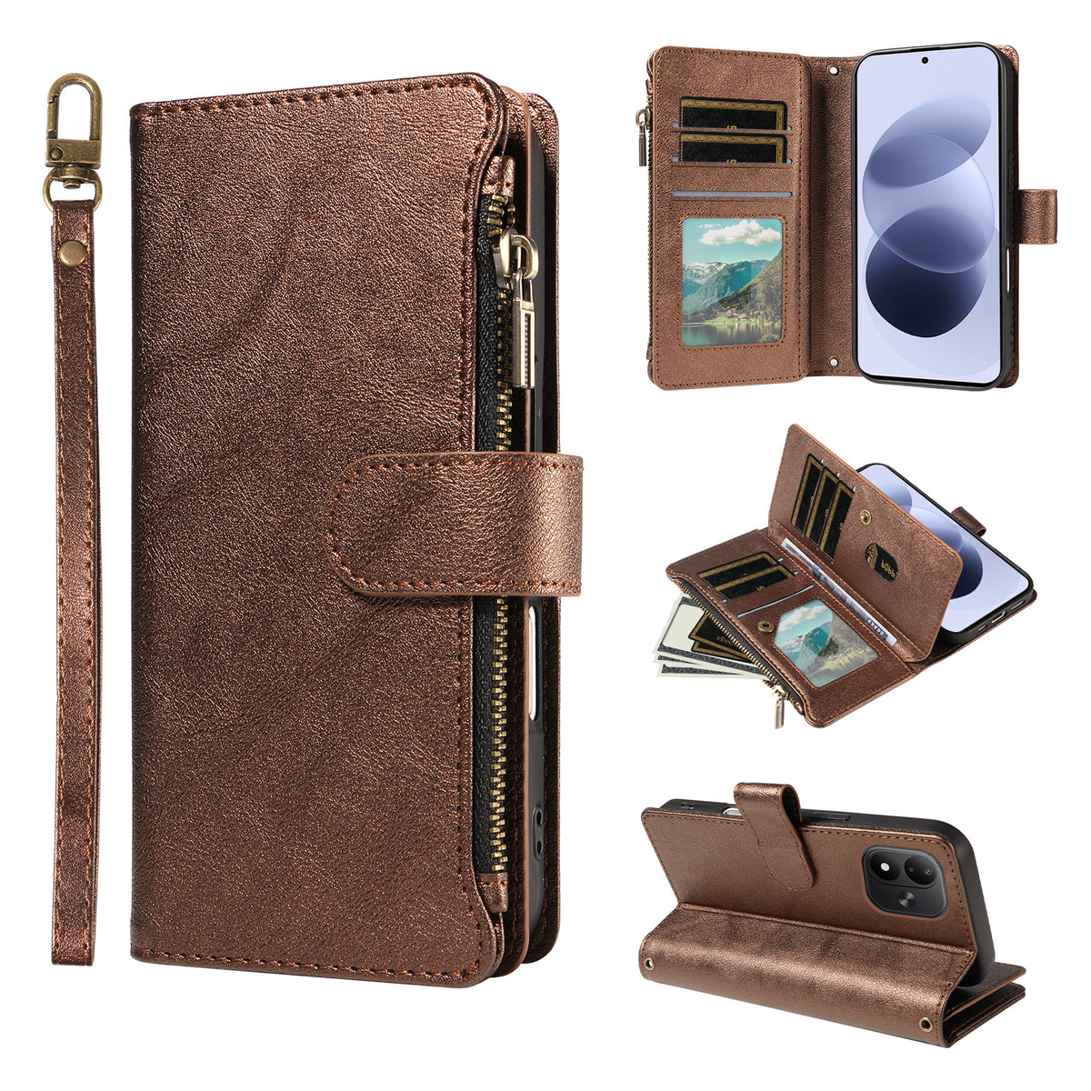 For Xiaomi Redmi Note 17 4G (Global) / Xiaomi Redmi Note 17 (India/China) 5G / Xiaomi Redmi Note 17 5G (Global) Leather Case 9 Card Slots Zipper Pocket Phone Cover with Wrist Strap
