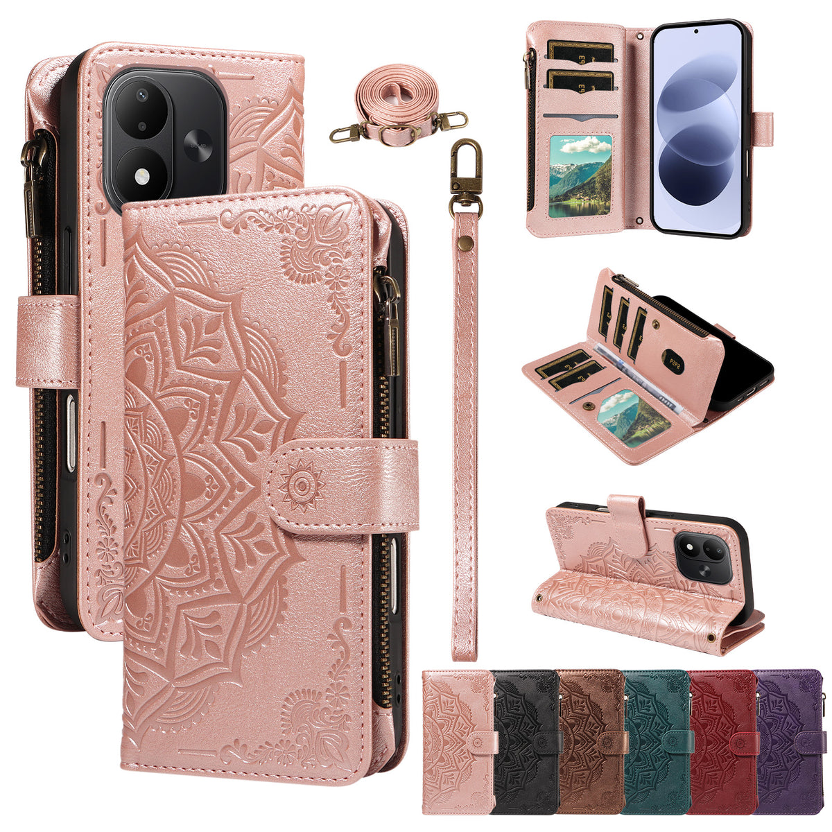 Xiaomi Redmi Note 17 4G (Global) / Xiaomi Redmi Note 17 (Indien/Kina) 5G / Xiaomi Redmi Note 17 5G (Global) Plånboksfodral 9 kortfack RFID-blockerande mandala präglad läderficka med handledsrem