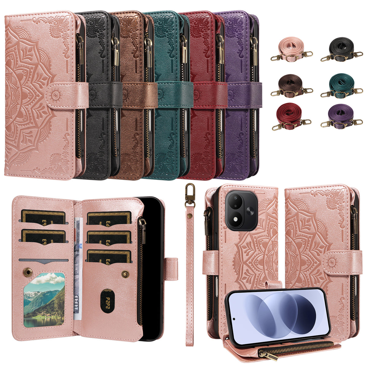 Xiaomi Redmi Note 17 4G (Global) / Xiaomi Redmi Note 17 (Indien/Kina) 5G / Xiaomi Redmi Note 17 5G (Global) Plånboksfodral 9 kortfack RFID-blockerande mandala präglad läderficka med handledsrem