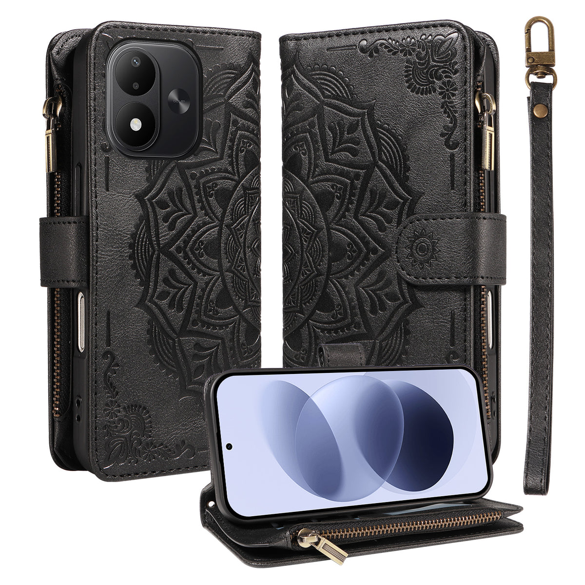 Xiaomi Redmi Note 17 4G (Global) / Xiaomi Redmi Note 17 (Indien/Kina) 5G / Xiaomi Redmi Note 17 5G (Global) Plånboksfodral 9 kortfack RFID-blockerande mandala präglad läderficka med handledsrem