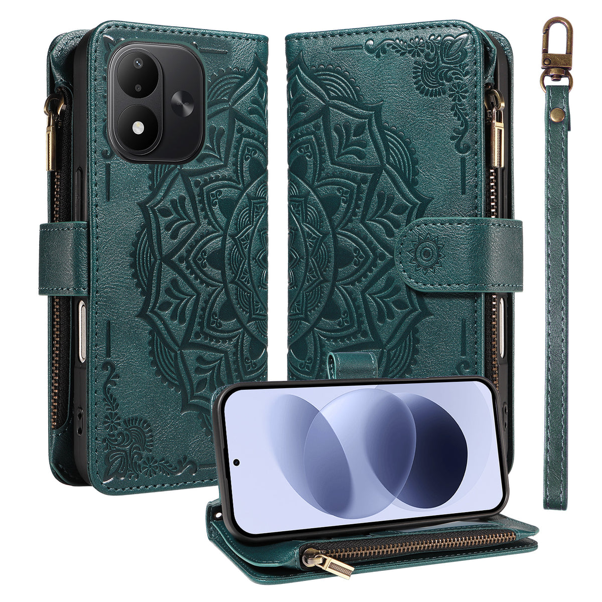 Xiaomi Redmi Note 17 4G (Global) / Xiaomi Redmi Note 17 (Indien/Kina) 5G / Xiaomi Redmi Note 17 5G (Global) Plånboksfodral 9 kortfack RFID-blockerande mandala präglad läderficka med handledsrem